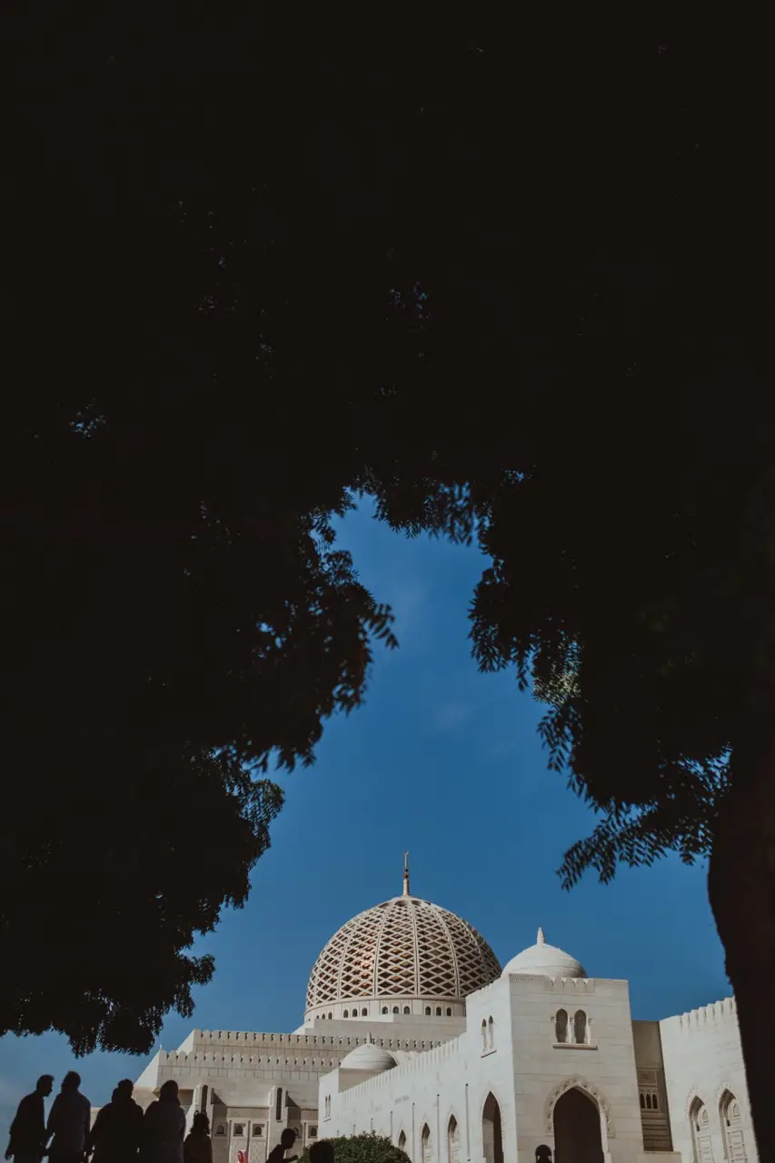 The dome of the Sultan Qaboos Grand Mosque, framed by dark trees.