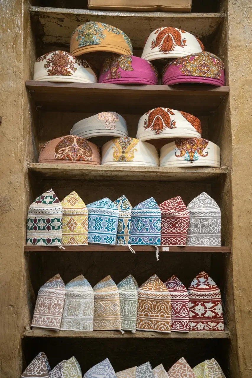 Embroidered Omani kummah caps stacked on shop shelves.