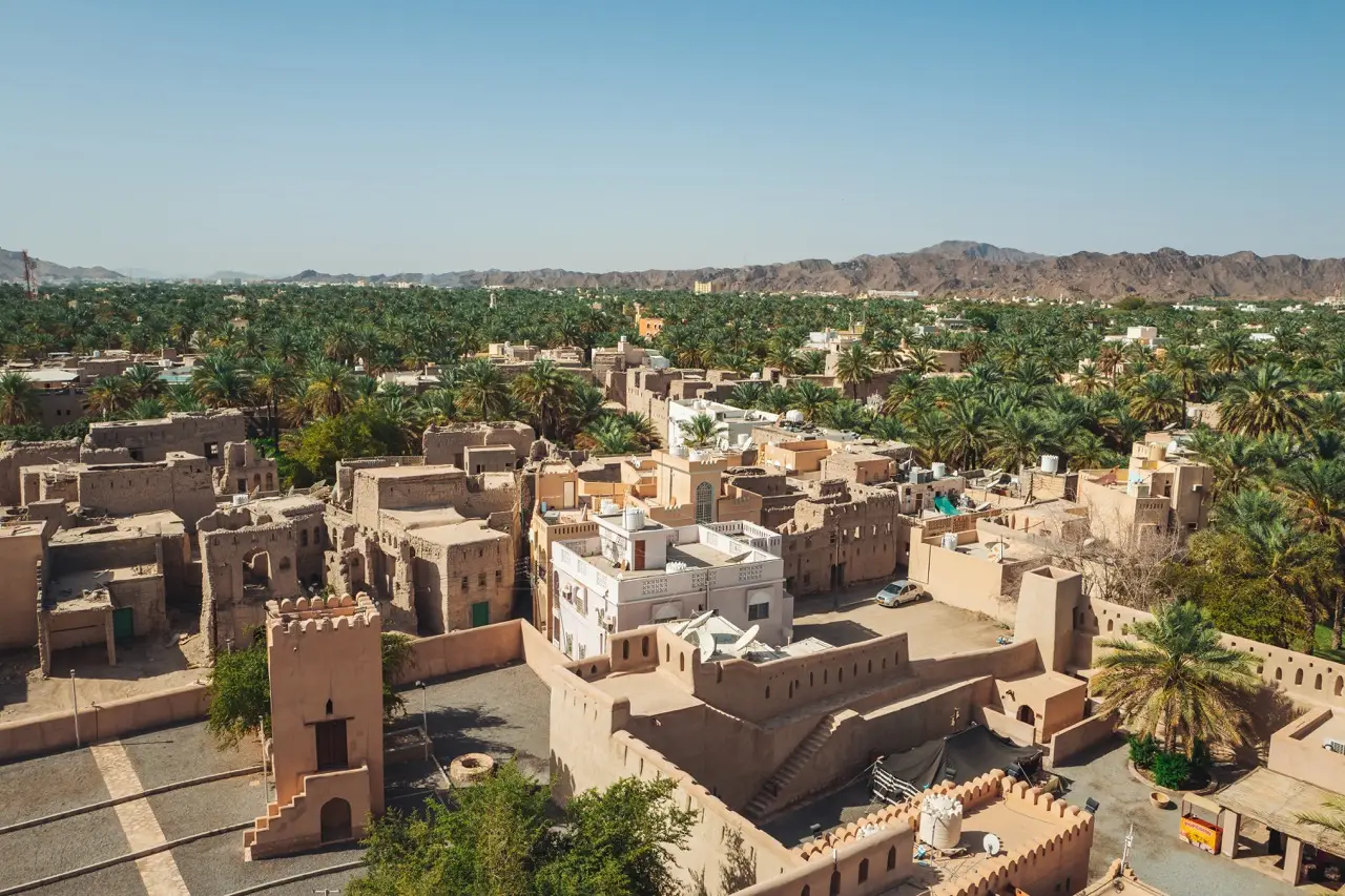 Nizwa from above: the fort, the old town and the date-palm oasis.